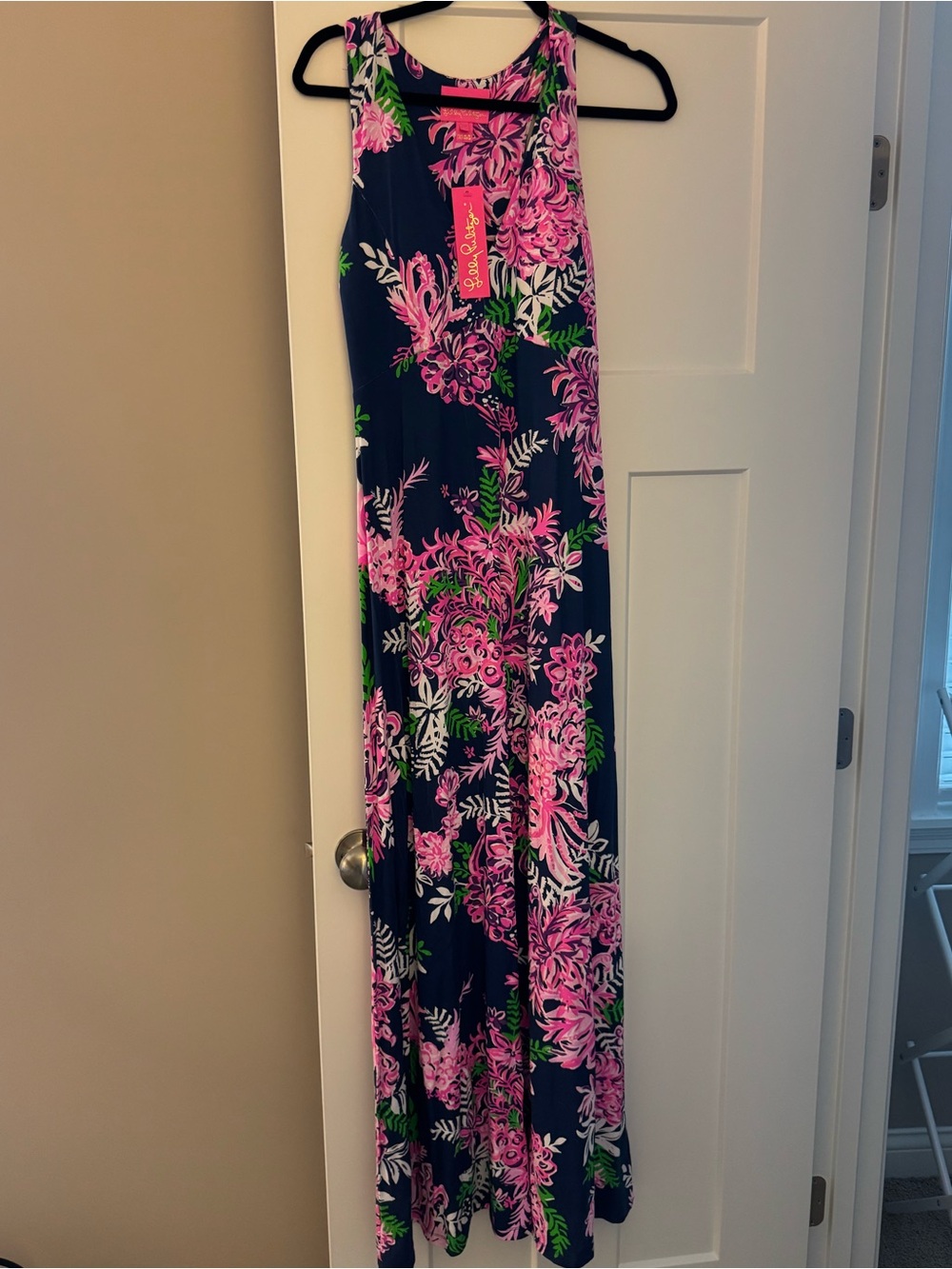 Lilly Pulitzer Navy Noemi Maxi Dress with Pink Floral & Green Accents NWT